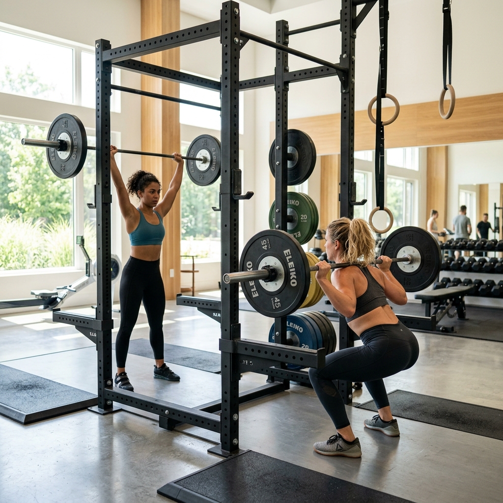 Two women strength training using a weightlifting rig